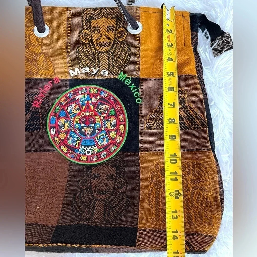 Tote Handbag Aztec Calendar Embroidered Zip Close Handmade